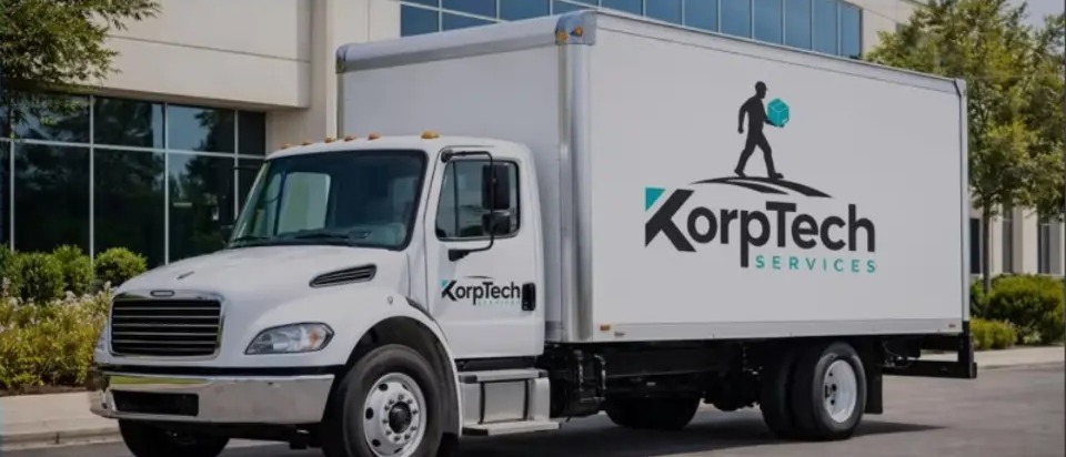 KorpTech Services branded moving truck parked outside a Northern California office building